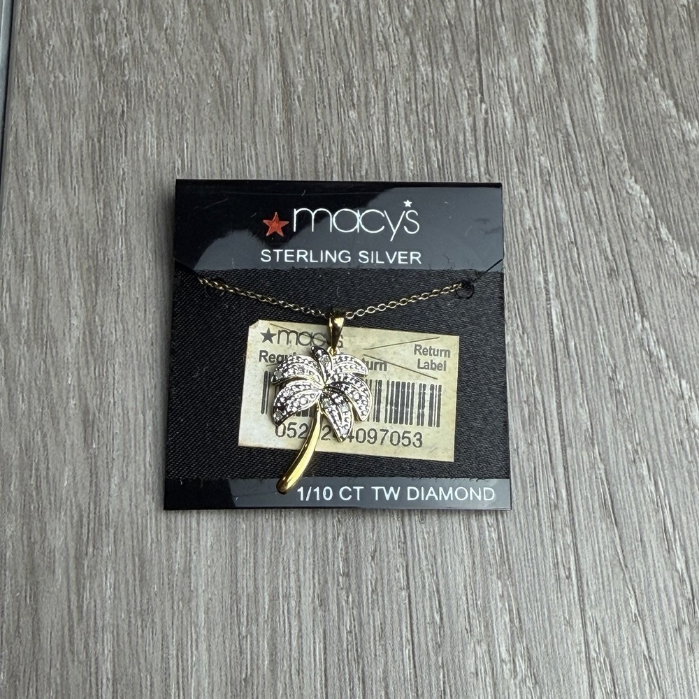 Macy's Diamond Palm Tree Pendant Necklace 1/10 CT TW Sterling Silver New